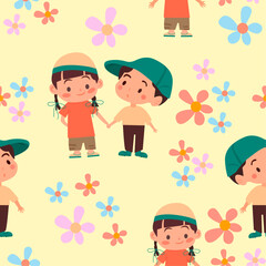 Seamless pattern children and flowers on a yellow background