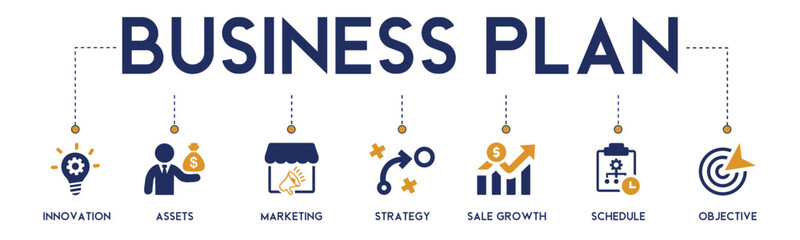Business plan banner website icon vector illustration concept with icon of innovation, assets, marketing, strategy, sales growth, schedule, and objective on white background