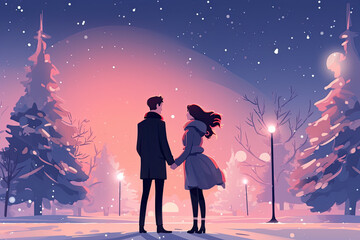Obraz premium romantic couple in christmas winter landscape illustration
