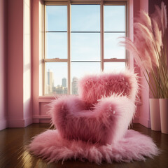Pink fur armchair on furry carpet in room on background of big window