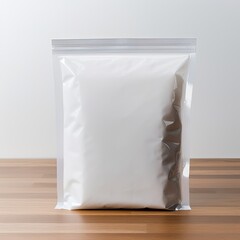 Minimalist White: Top-Down View of Sealed Plastic Bag on White Table