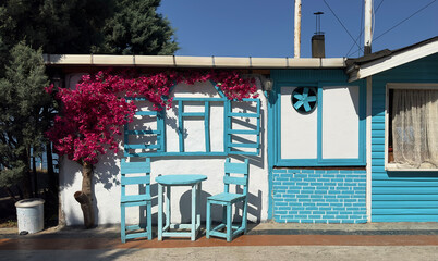 Street with cafe and restaurant tables. Restaurant tables on the street. Travel in Turkey.