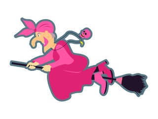Halloween. Witch on a broom isolated on a white background. Pink style