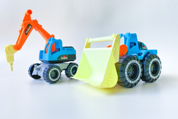 A blue children's toy truck with a white background