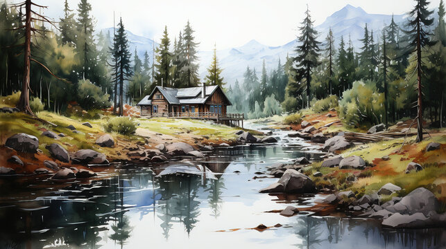 Watercolor Cabin Woods and Floating River in Forest
