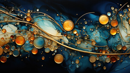 Pointillism Sea Glass of Alcohol Ink Blue and Gold Abstract Fluid Art