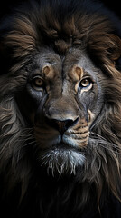 Naklejka premium A Big Fierce Male Lion Face Close-Up Selective Focus