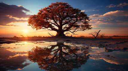 Fototapeta premium Standing Yellow Lone Tree Reflact in Small Water Lake Under Cloudy Sky