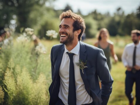 Candid photo of a joyful groom at an outdoor summer wedding, surrounded by nature. His authentic happiness shines, capturing the essence of this lifestyle milestone