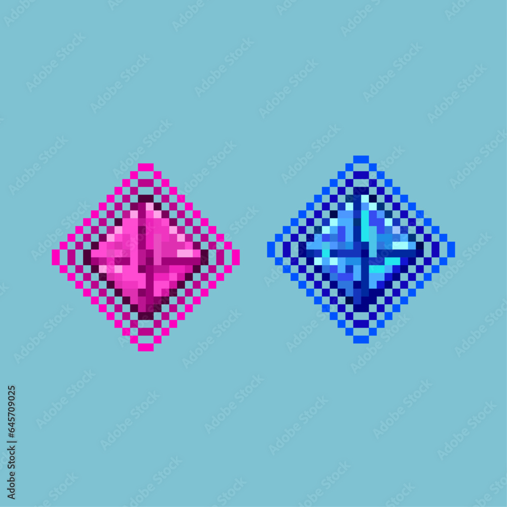 Poster pixel art sets of energy gems diaond with variation color items asset. purple and blue gems on pixel