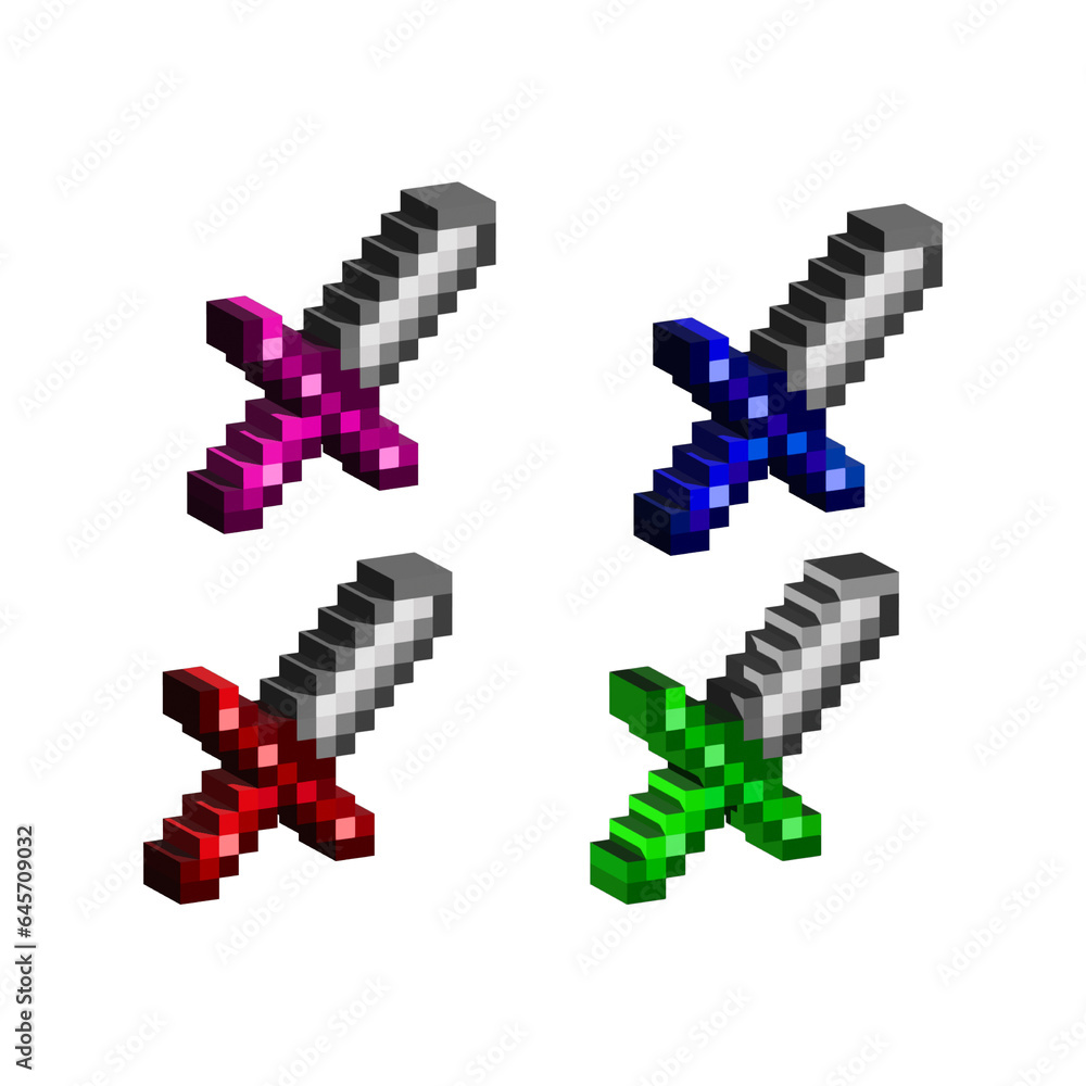 Fototapete isometric pixel art 3d of sword for items asset. simple 3d sword on pixelated style.8bits perfect fo