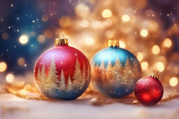 Christmas background with shiny balls, Christmas tree and blurred lights.