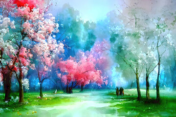 Watercolor landscape art with multicolored forest, surreal trees with colorful leaves, artistic vision of autumn.