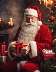 Fototapeta na wymiar Santa Claus with gifts christmas background.