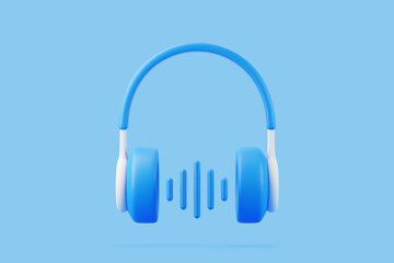 Cartoon headphones with sound wave on blue background. Concept of listening to music, radio, podcasts and books. Minimal creative concept. 3D render illustration