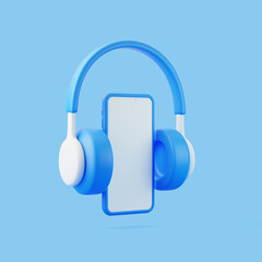 Cartoon headphones and smartphone flying on blue background. Minimal creative concept. 3D render illustration