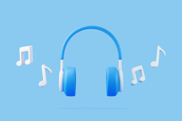 Cartoon headphones and melody note flying on blue background. Concept of listening to music, radio, podcasts and books. Minimal creative concept. 3D render illustration - obrazy, fototapety, plakaty