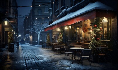 view of European village street on winter night, ai generative