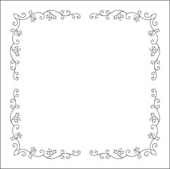 Black and white vegetal ornamental frame with wild flowers, decorative border, corners for greeting cards, banners, business cards, invitations, menus. Isolated vector illustration.	