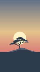 A single graceful pine tree stands against a backdrop of a soft gradient sunset sky