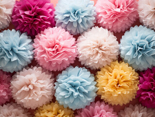Fototapeta premium Pom-Pom Party Decorations: Vivid Multicolored Tissue Paper Pompoms for Wedding Celebration, Picnic and Dessert Table, Mock up, Back drop Background.