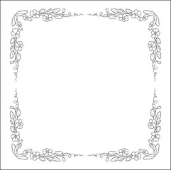 Black and white vegetal ornamental frame with wild violet flowers, decorative border, corners for greeting cards, banners, business cards, invitations, menus. Isolated vector illustration.	