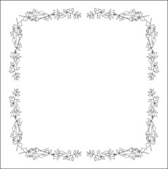 Black and white vegetal ornamental frame with fuchsia flowers, decorative border, corners for greeting cards, banners, business cards, invitations, menus. Isolated vector illustration.