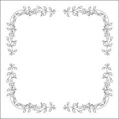 Black and white vegetal ornamental frame with fuchsia flowers, decorative border, corners for greeting cards, banners, business cards, invitations, menus. Isolated vector illustration.