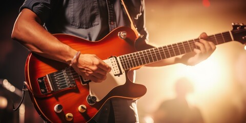 A rocker is playing guitar on stage. Guitar player - hands and guitar close-up