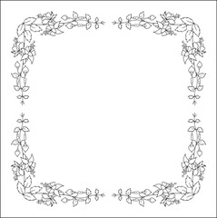Black and white vegetal ornamental frame with fuchsia flowers, decorative border, corners for greeting cards, banners, business cards, invitations, menus. Isolated vector illustration.