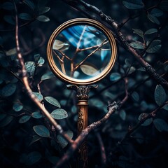 magnifying glass on wild nature leaves and twigs, generative ai