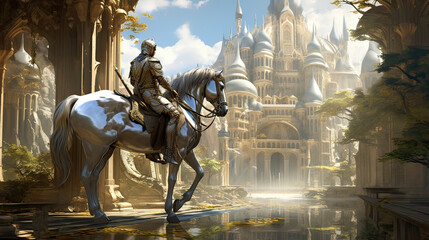 Fototapeta na wymiar A knight on horseback guarding a fantasy realm's gate. AI generative