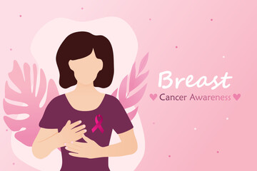 Breast Cancer awareness banner illustration. Faceless woman with pink ribbon. Healthcare campaign.