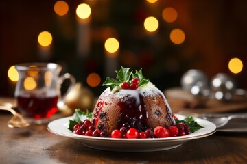 Fototapeta na wymiar Photo of a festive Christmas pudding adorned with holly leaves on a beautifully set plate created with Generative AI technology