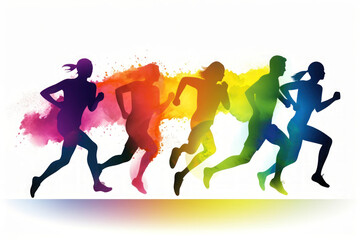 Multi-color silhouette illustration of five people running.