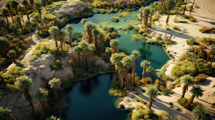 A bird's-eye view of a desert oasis.  AI generative