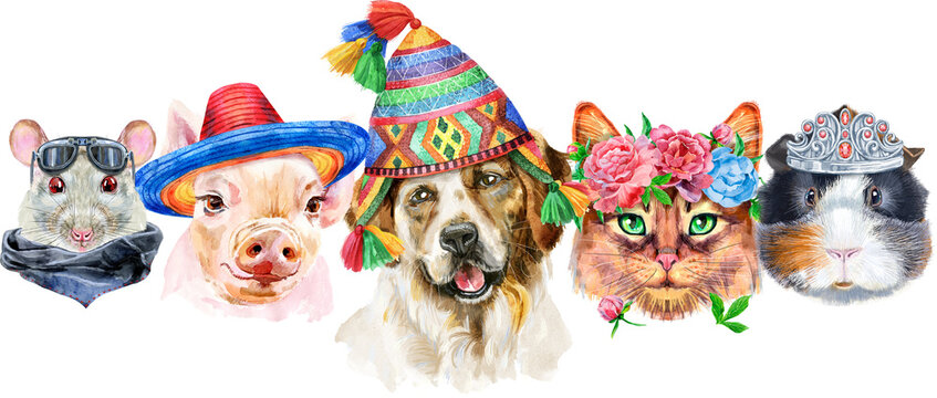 Border from watercolor portraits of dog, guinea pig, cat, mini pig, and rat