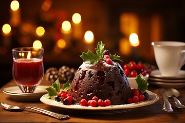 Fototapeta na wymiar Photo of a festive Christmas pudding adorned with holly leaves on a beautifully set plate created with Generative AI technology