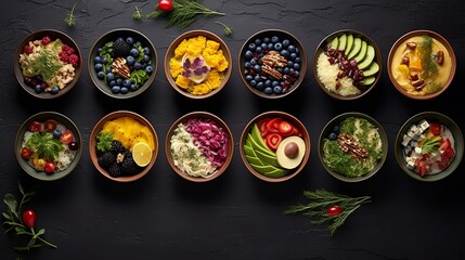 Food photography, healthy bowls, fruits, vegetables, concept: healthy food, 16:9, copy space 