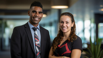 portrait of aboriginal business man with brunette business woman  in office representing workplace diversity - obrazy, fototapety, plakaty