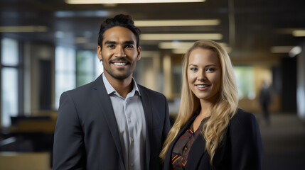 portrait of poc business man with blonde business woman  in office representing workplace diversity - obrazy, fototapety, plakaty