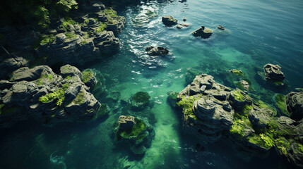 Fototapeta premium Aerial View of Beautiful Green and Dark Violet Lake Crystal Clear Water