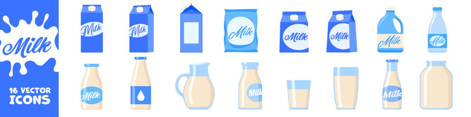 Milk pack icon set. Milk bottle icon set. Flat style.