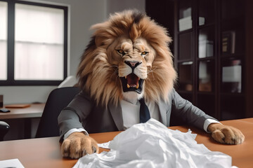 Concept furious lion businessman shouts and growls at meeting at his subordinates, throws paper. Expired contracts, boss beast in meet room