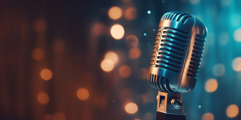 Stylish old retro microphone on colored background with bokeh. Concept bannner karaoke and stund up comedy - obrazy, fototapety, plakaty