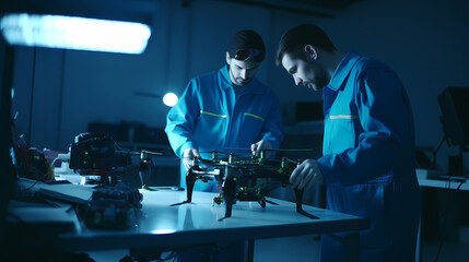 Aerospace engineers working on prototype of unmanned aerial drone. Concept new secret model industrial or military aircraft.