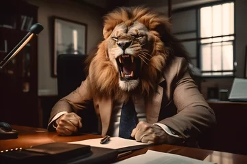 Fotobehang Concept furious lion businessman shouts and growls at meeting at his subordinates, throws paper. Expired contracts, boss beast in meet room © Adin