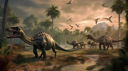 Poster Set run jurassic dinosaurs in park forest. Generation AI © Adin