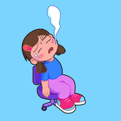 A cute girl is sitting on a chair, very tired, very tired. Isolated concept icon study, fatigue, diligence. emotions. flat cartoon style