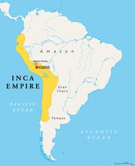 The Inca Empire at its greatest extent, about 1525, political map. Also known as Incan or Inka Empire, with capital Cusco. Called Tawantinsuyu by its subjects, Quechua for the Realm of the Four Parts.